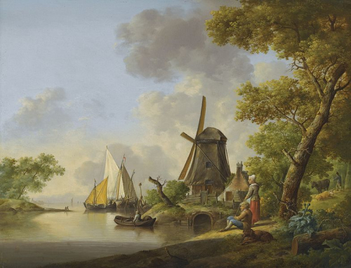 summer landscape with windmill and boat